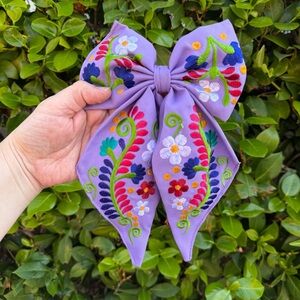 Mexican Embroidered Floral Lavender Hair Bow
